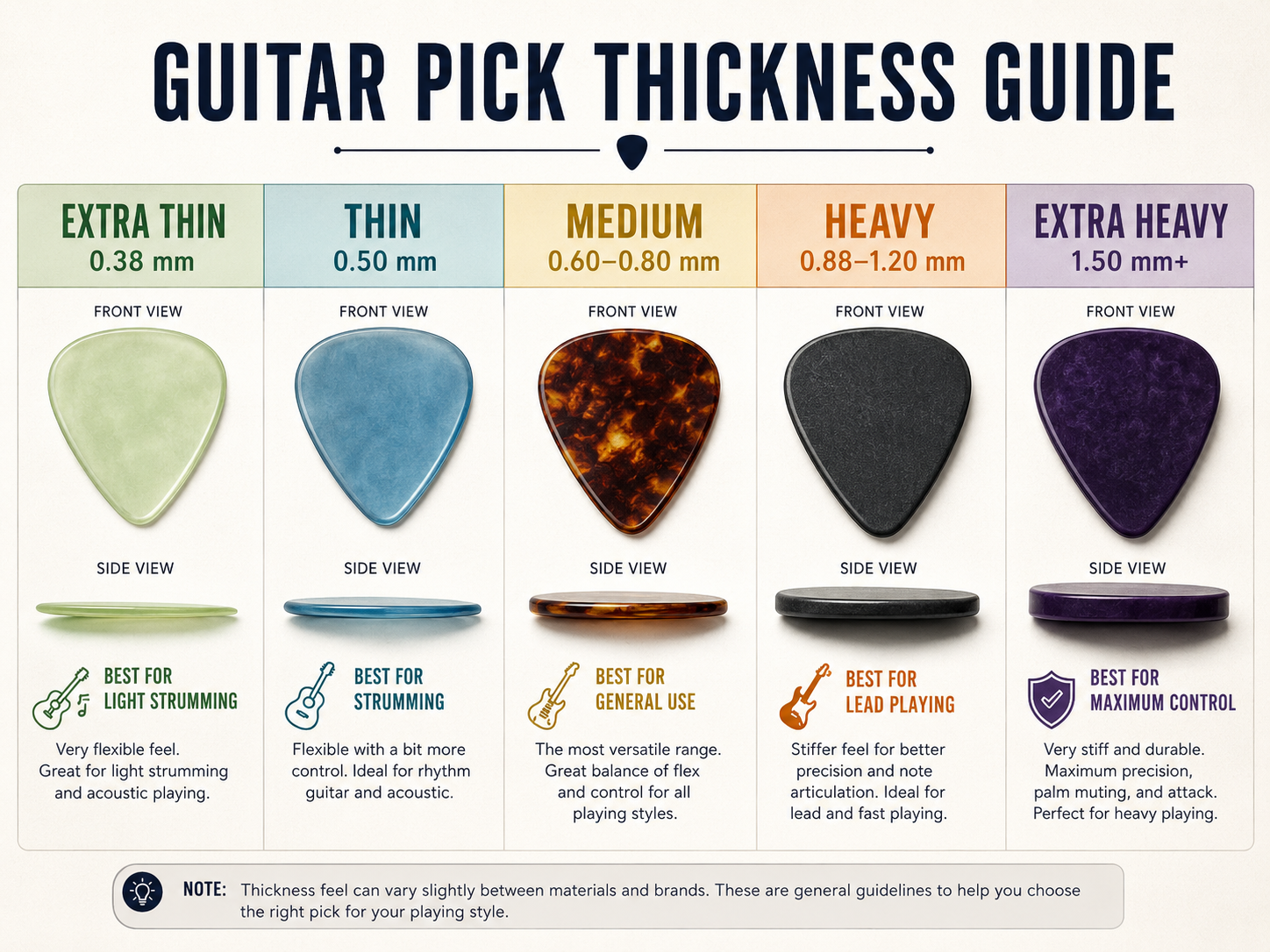Guitar pick thickness guide showing extra thin, thin, medium, heavy, and extra heavy guitar picks with front and side views