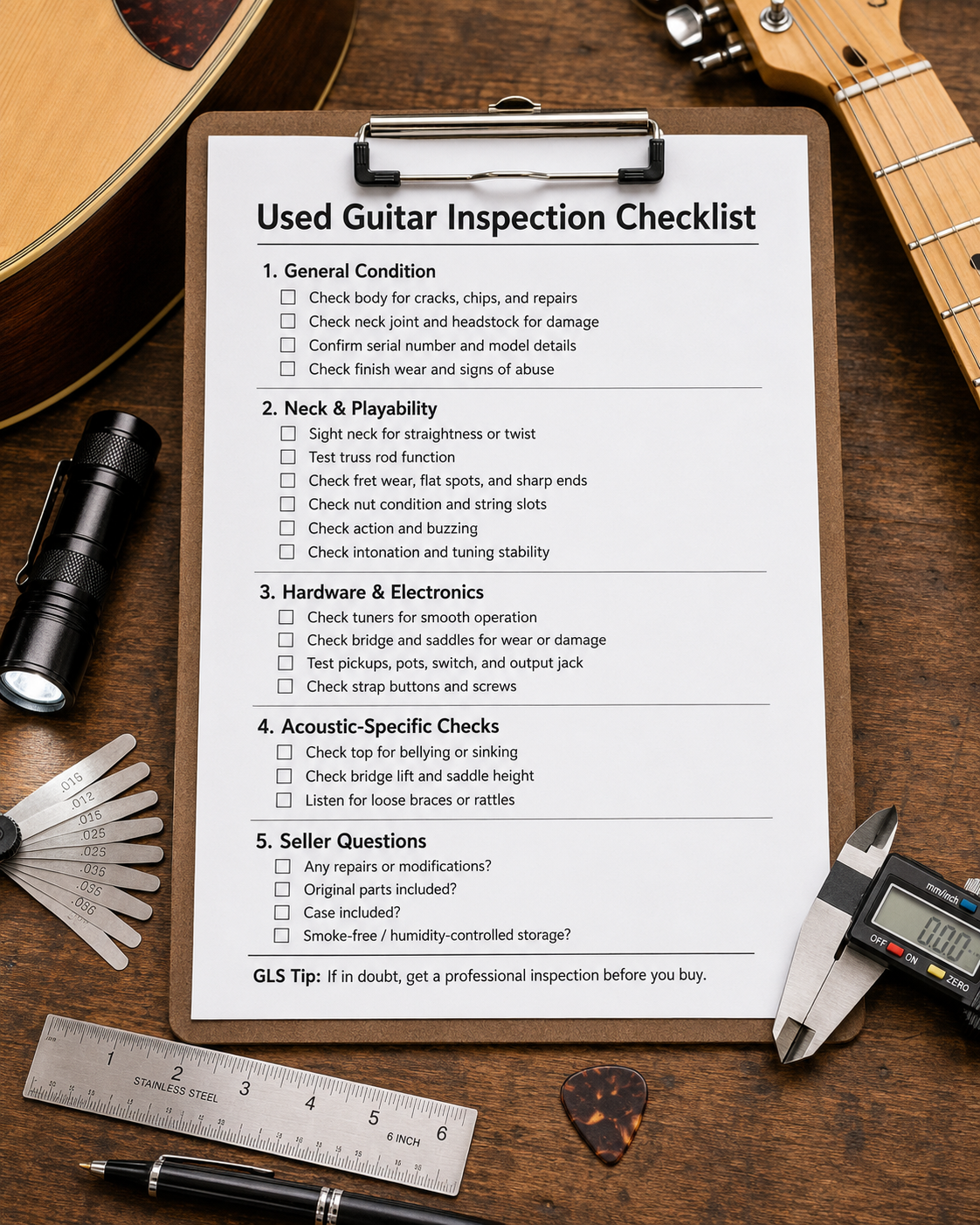 Used guitar inspection checklist for electric and acoustic guitars